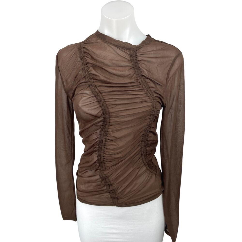 Topshop Brown Sheer Ruched Long Sleeve Top